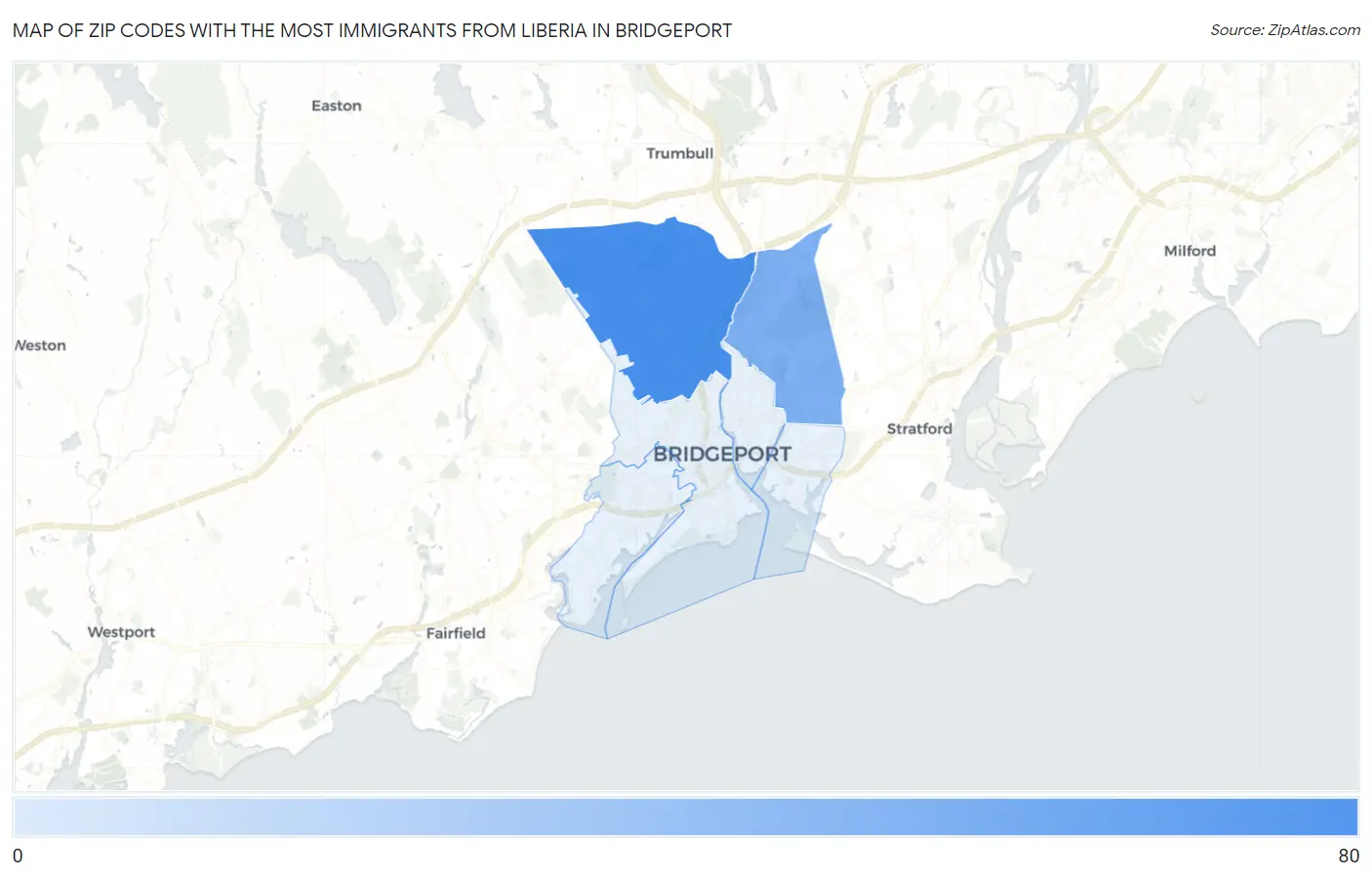Zip Codes with the Most Immigrants from Liberia in Bridgeport Map