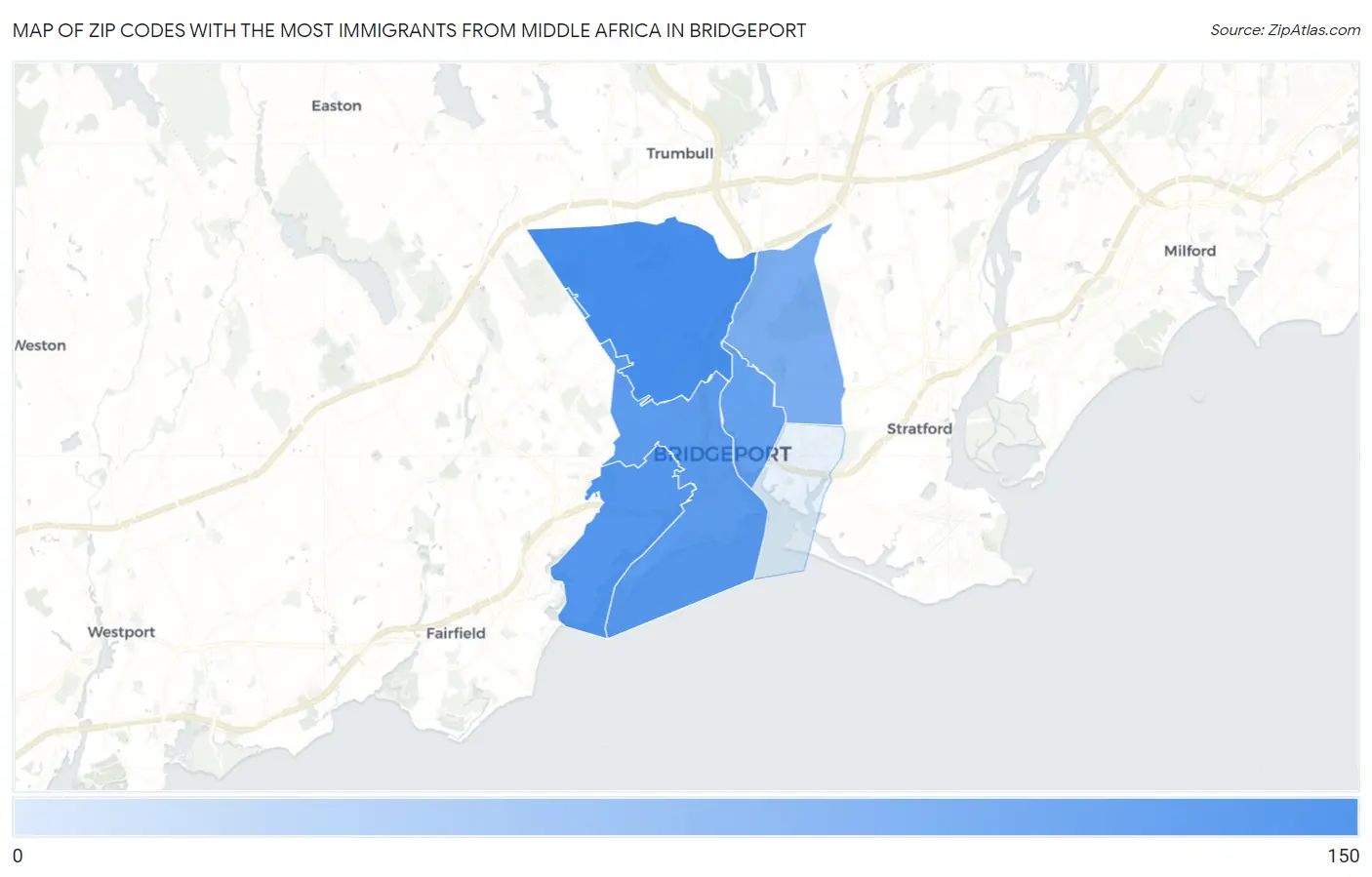 Zip Codes with the Most Immigrants from Middle Africa in Bridgeport Map