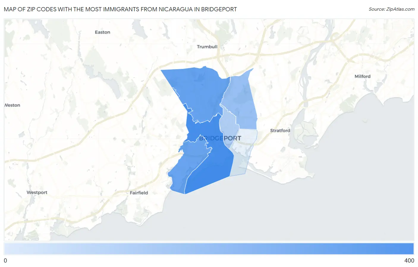 Zip Codes with the Most Immigrants from Nicaragua in Bridgeport Map