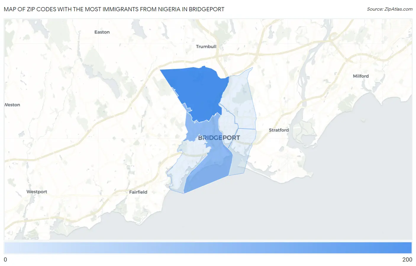 Zip Codes with the Most Immigrants from Nigeria in Bridgeport Map