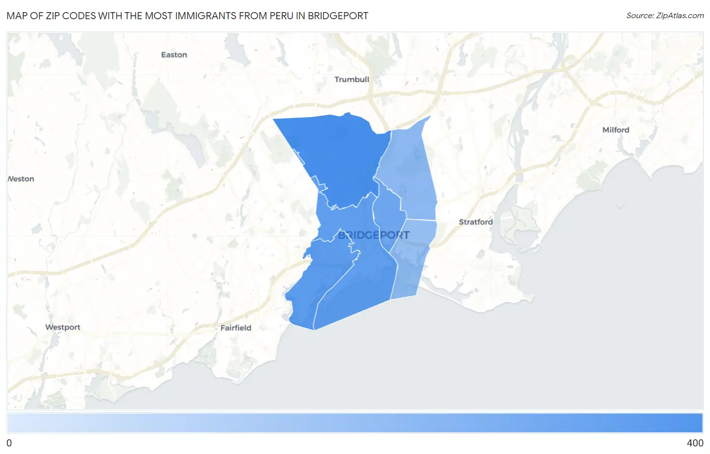 Zip Codes with the Most Immigrants from Peru in Bridgeport Map