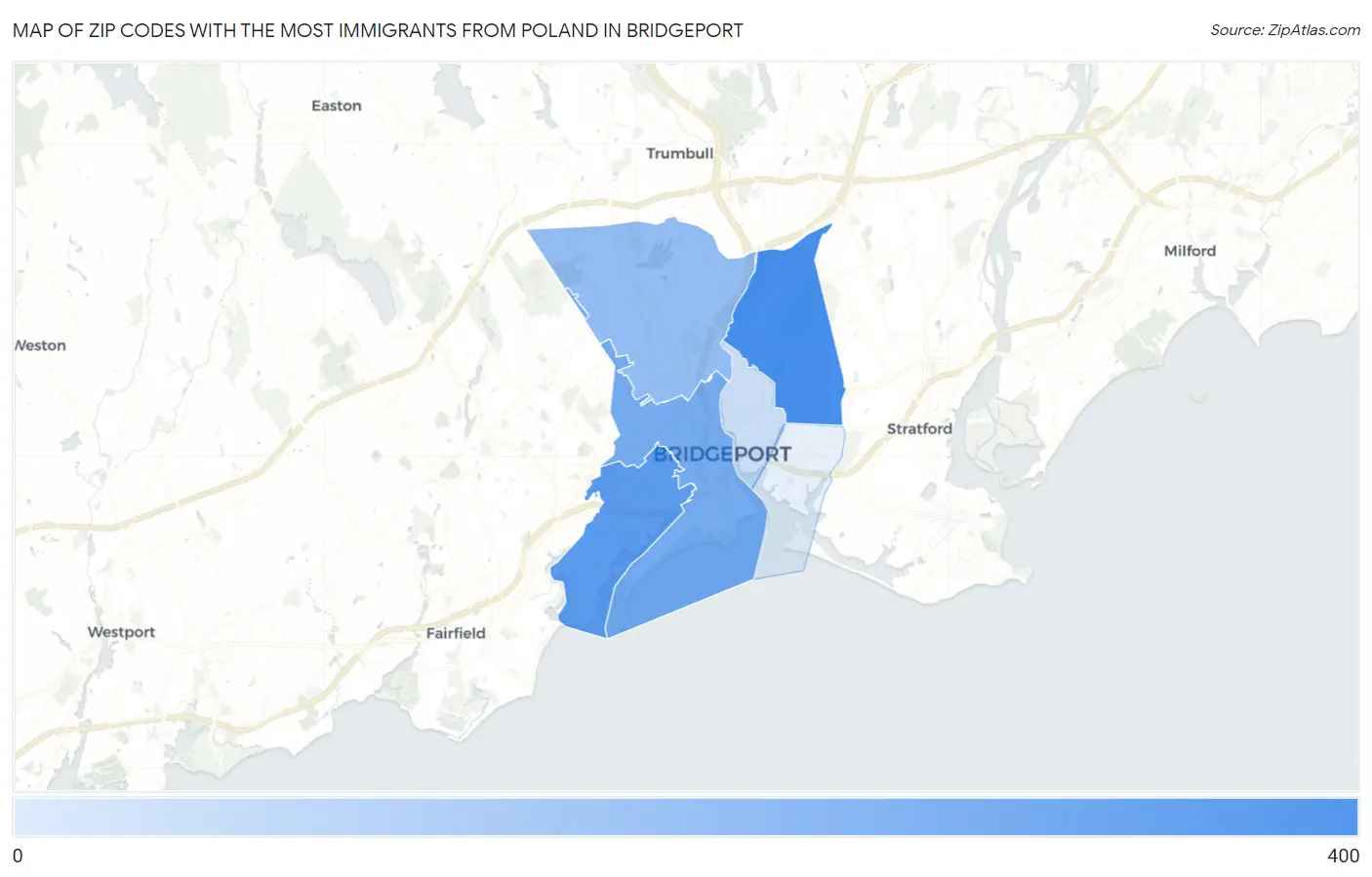 Zip Codes with the Most Immigrants from Poland in Bridgeport Map