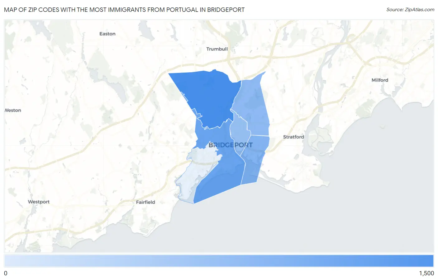 Zip Codes with the Most Immigrants from Portugal in Bridgeport Map