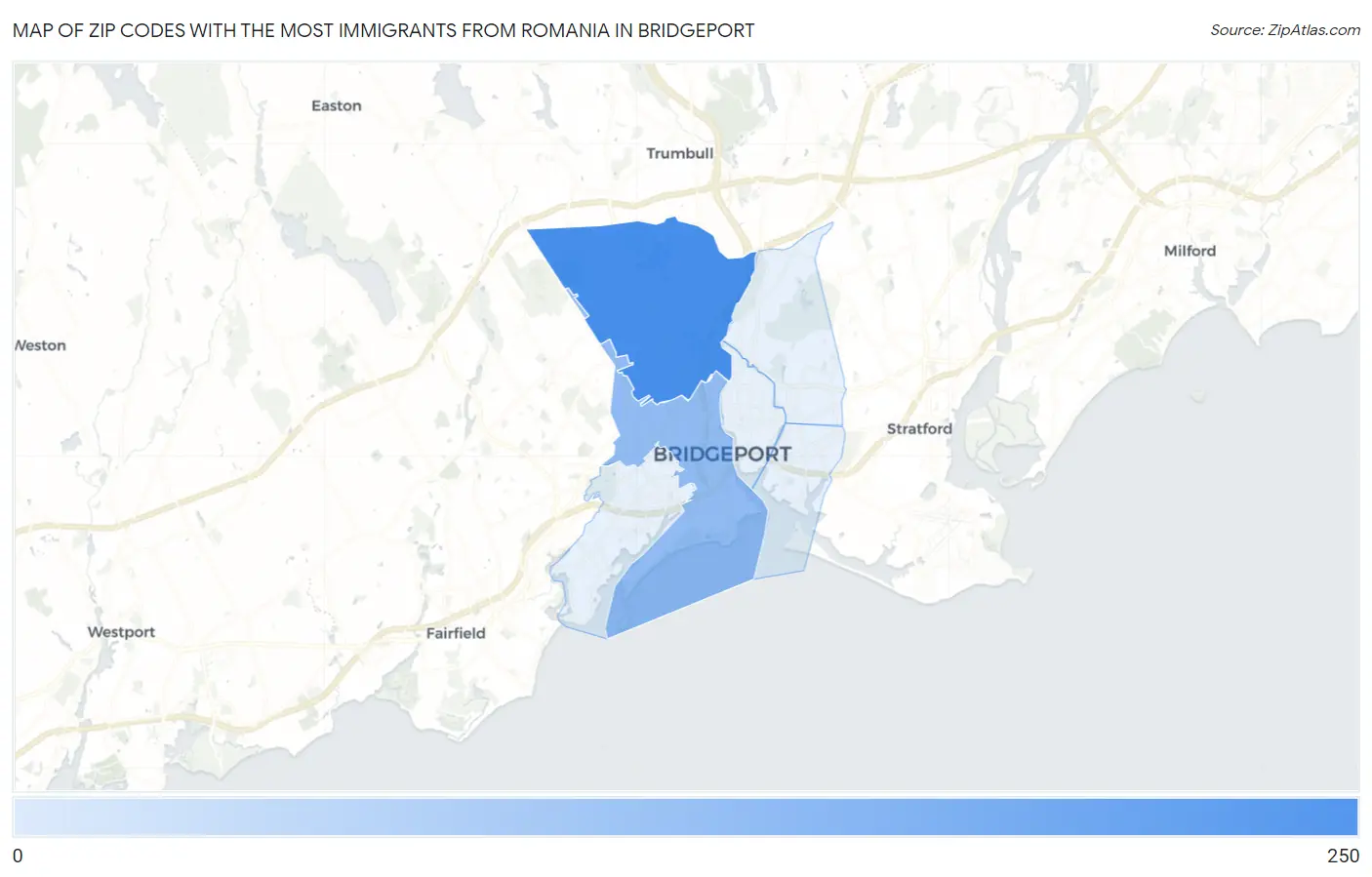 Zip Codes with the Most Immigrants from Romania in Bridgeport Map