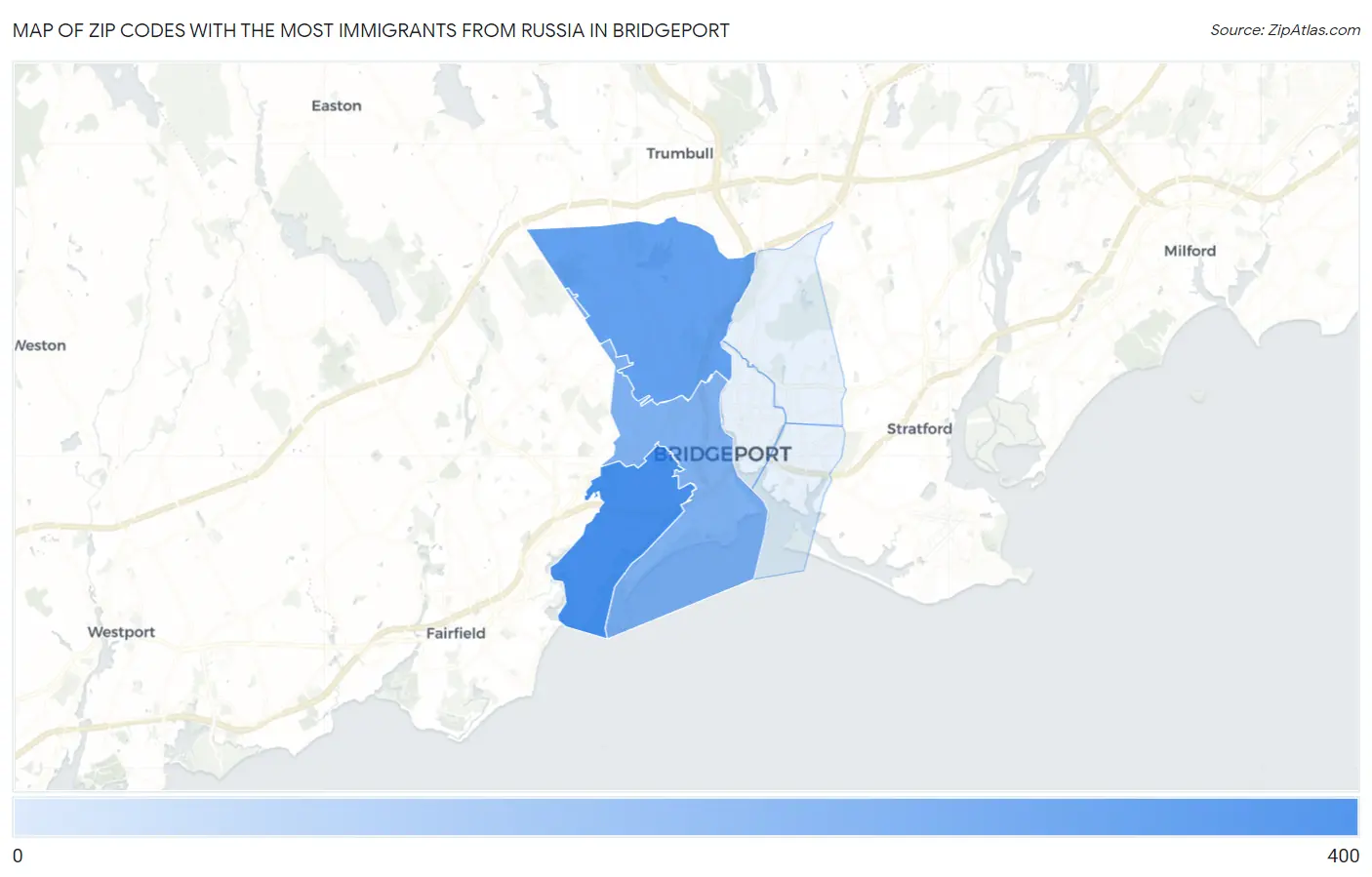 Zip Codes with the Most Immigrants from Russia in Bridgeport Map