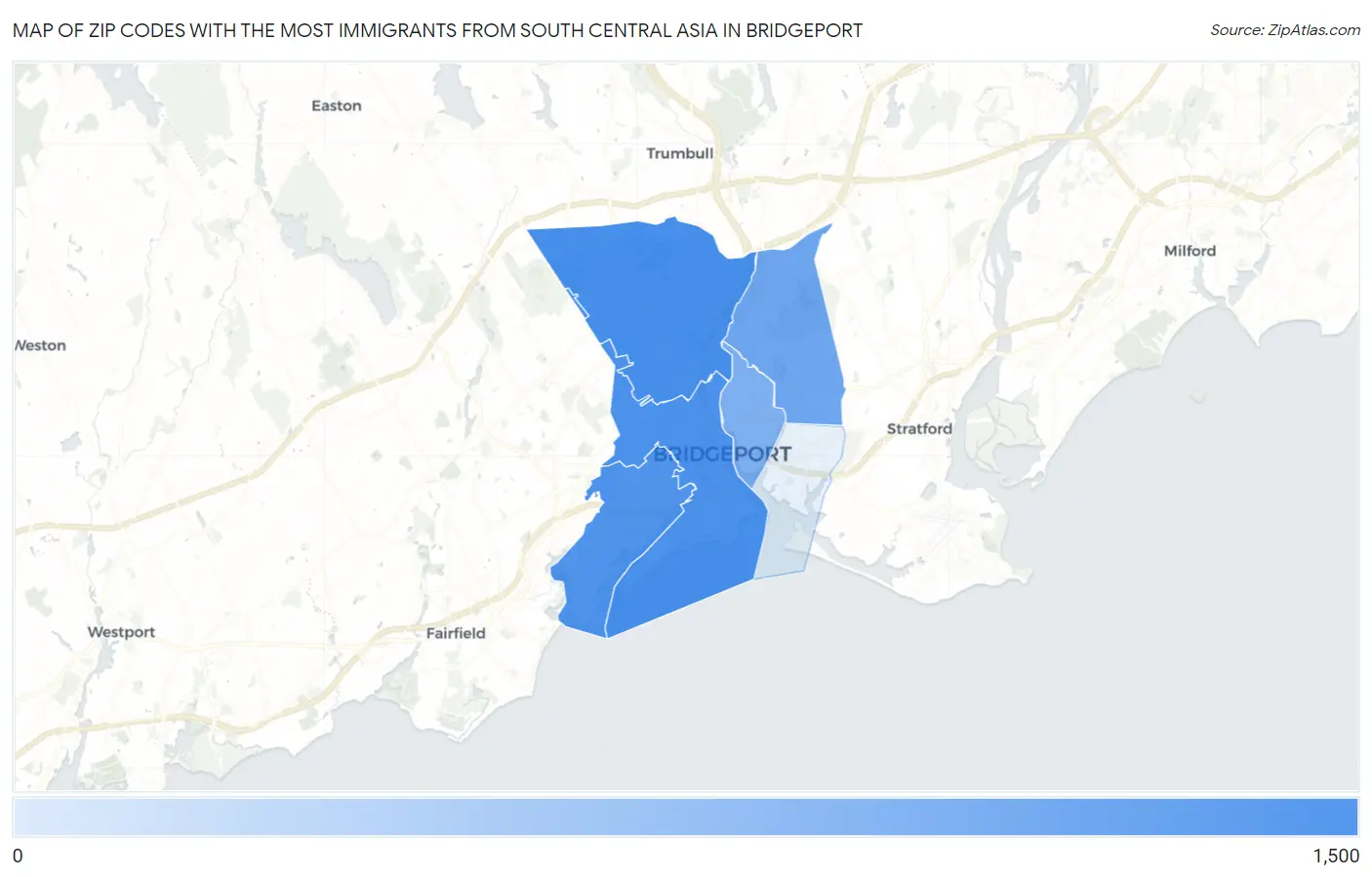 Zip Codes with the Most Immigrants from South Central Asia in Bridgeport Map