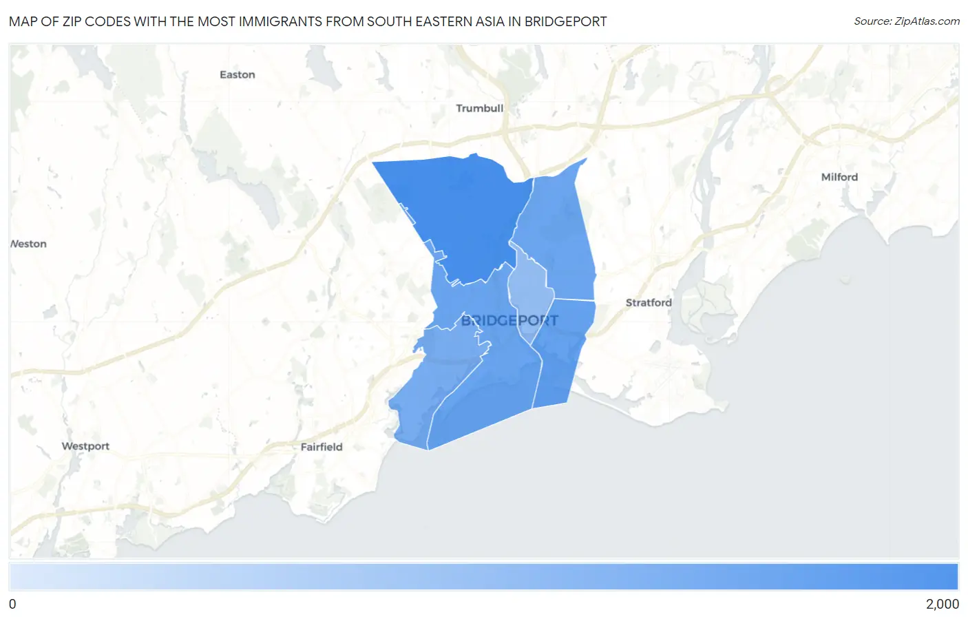 Zip Codes with the Most Immigrants from South Eastern Asia in Bridgeport Map