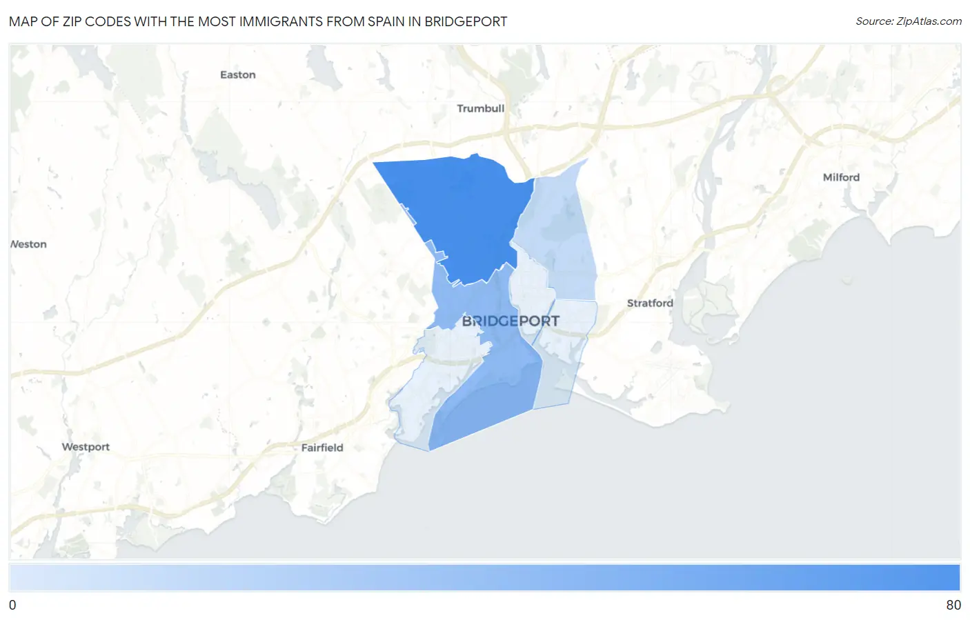 Zip Codes with the Most Immigrants from Spain in Bridgeport Map