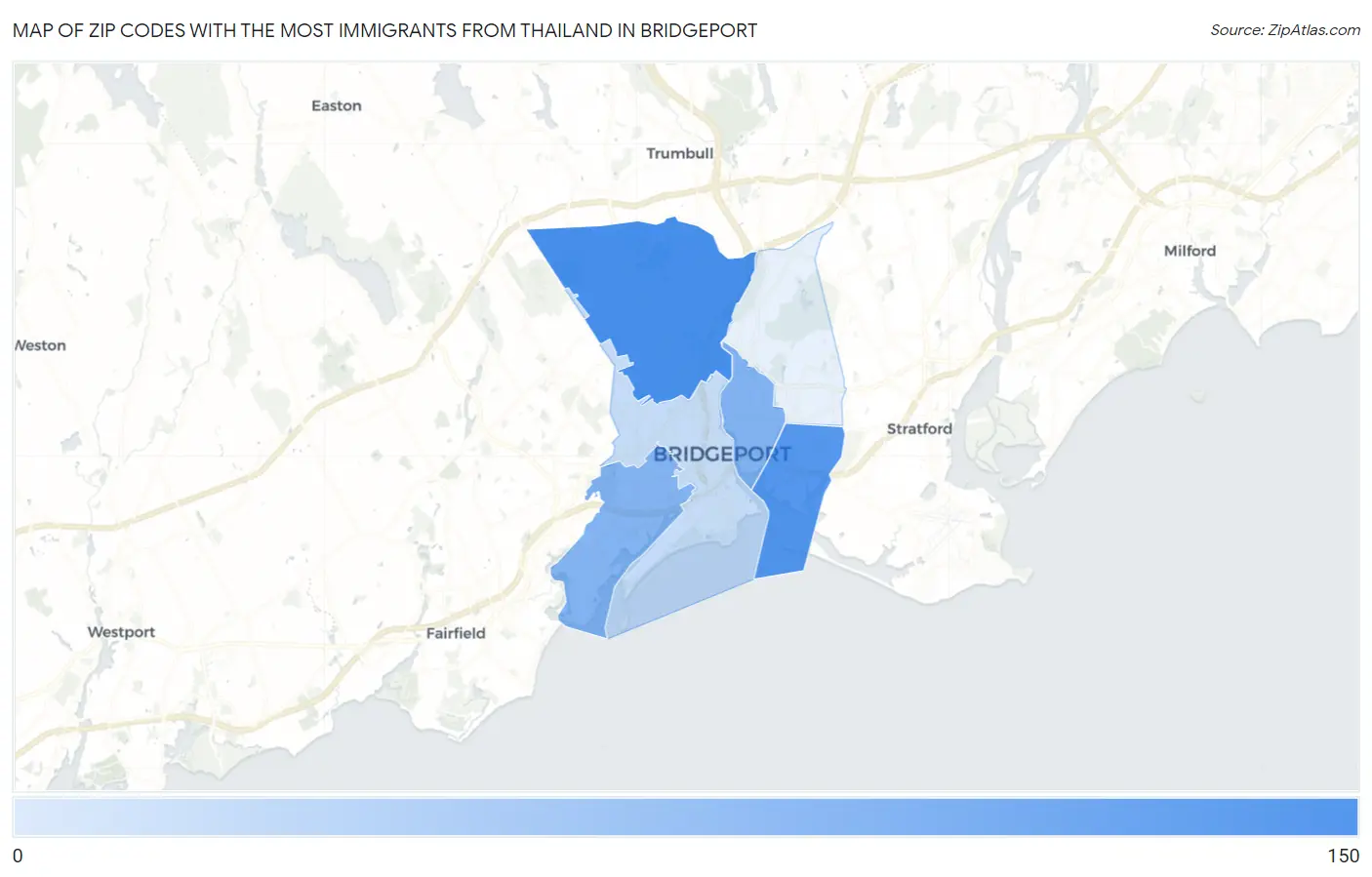 Zip Codes with the Most Immigrants from Thailand in Bridgeport Map