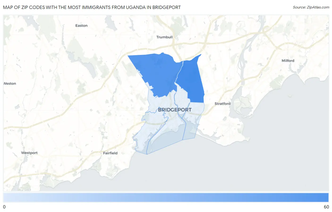 Zip Codes with the Most Immigrants from Uganda in Bridgeport Map