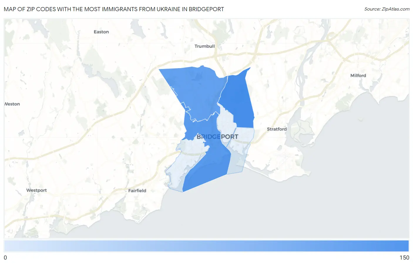Zip Codes with the Most Immigrants from Ukraine in Bridgeport Map