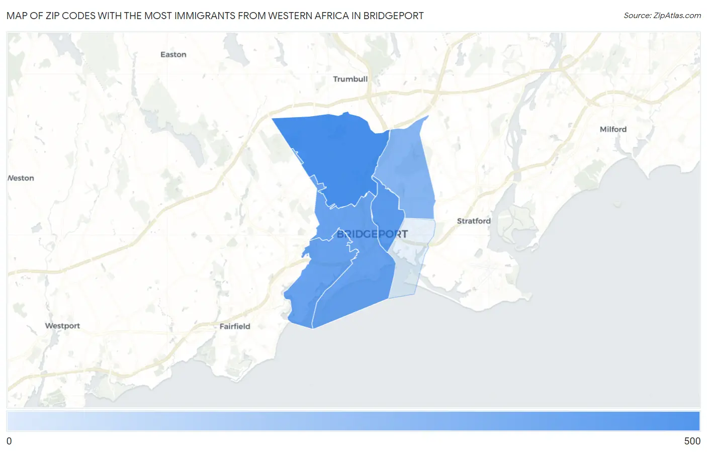 Zip Codes with the Most Immigrants from Western Africa in Bridgeport Map