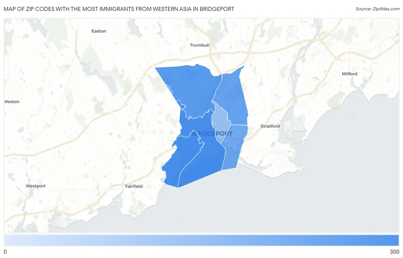 Zip Codes with the Most Immigrants from Western Asia in Bridgeport Map
