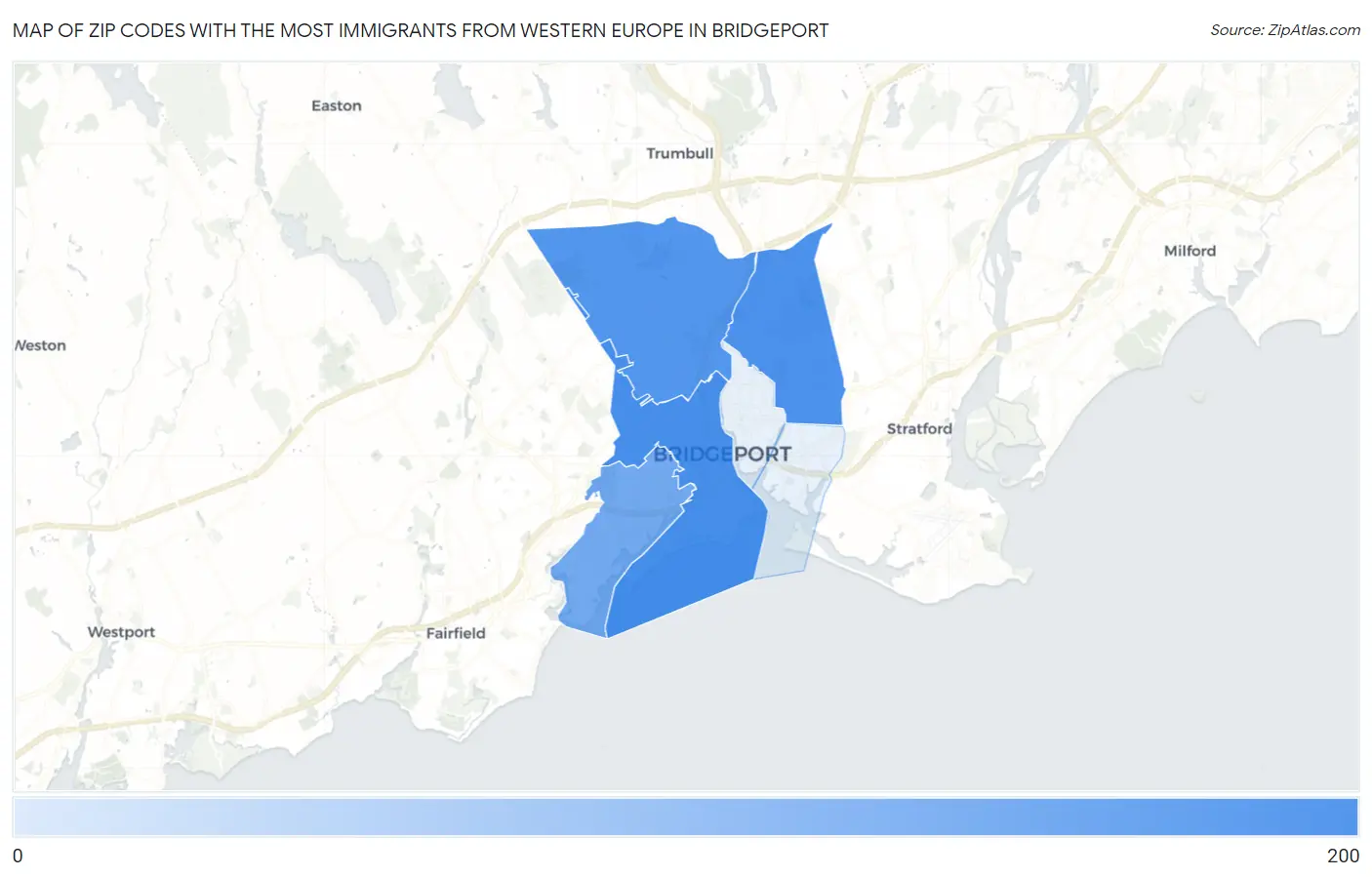 Zip Codes with the Most Immigrants from Western Europe in Bridgeport Map