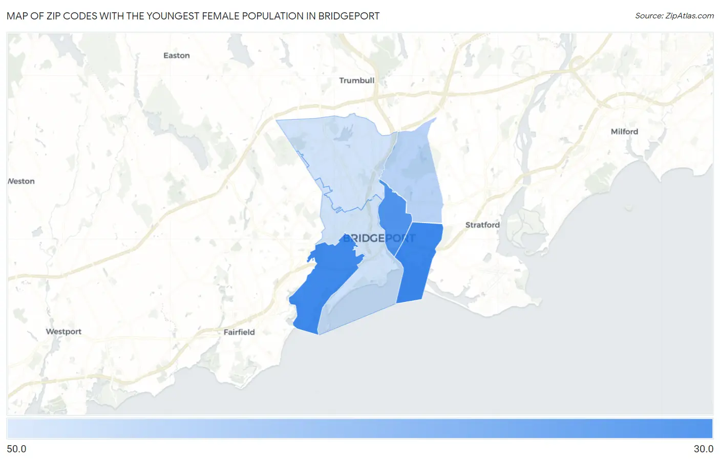 Zip Codes with the Youngest Female Population in Bridgeport Map