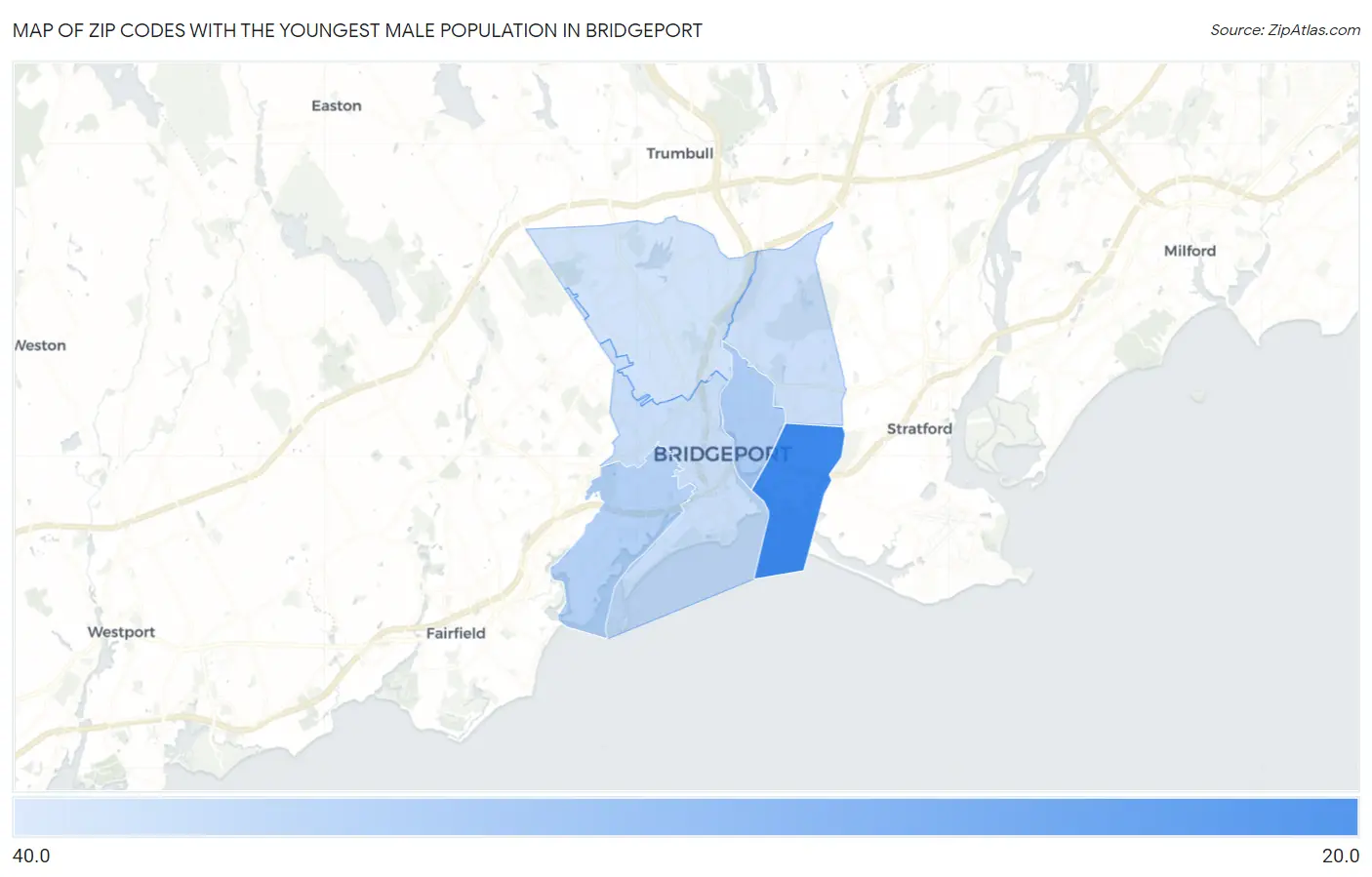 Zip Codes with the Youngest Male Population in Bridgeport Map