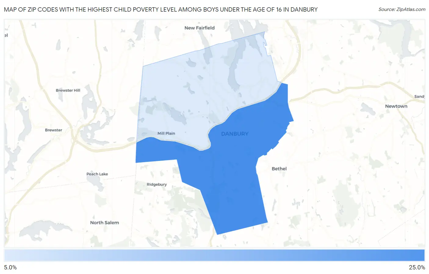 Zip Codes with the Highest Child Poverty Level Among Boys Under the Age of 16 in Danbury Map
