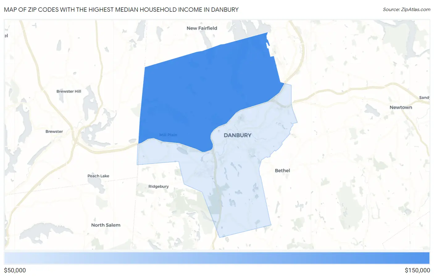 Zip Codes with the Highest Median Household Income in Danbury Map