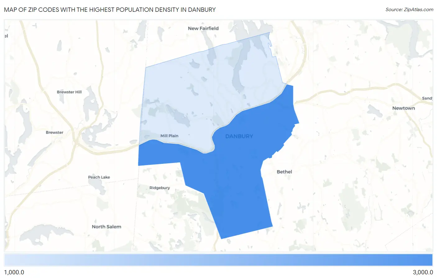 Zip Codes with the Highest Population Density in Danbury Map