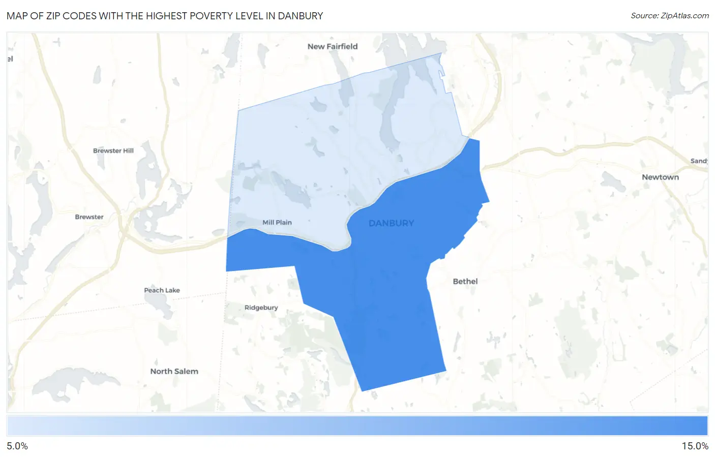 Zip Codes with the Highest Poverty Level in Danbury Map