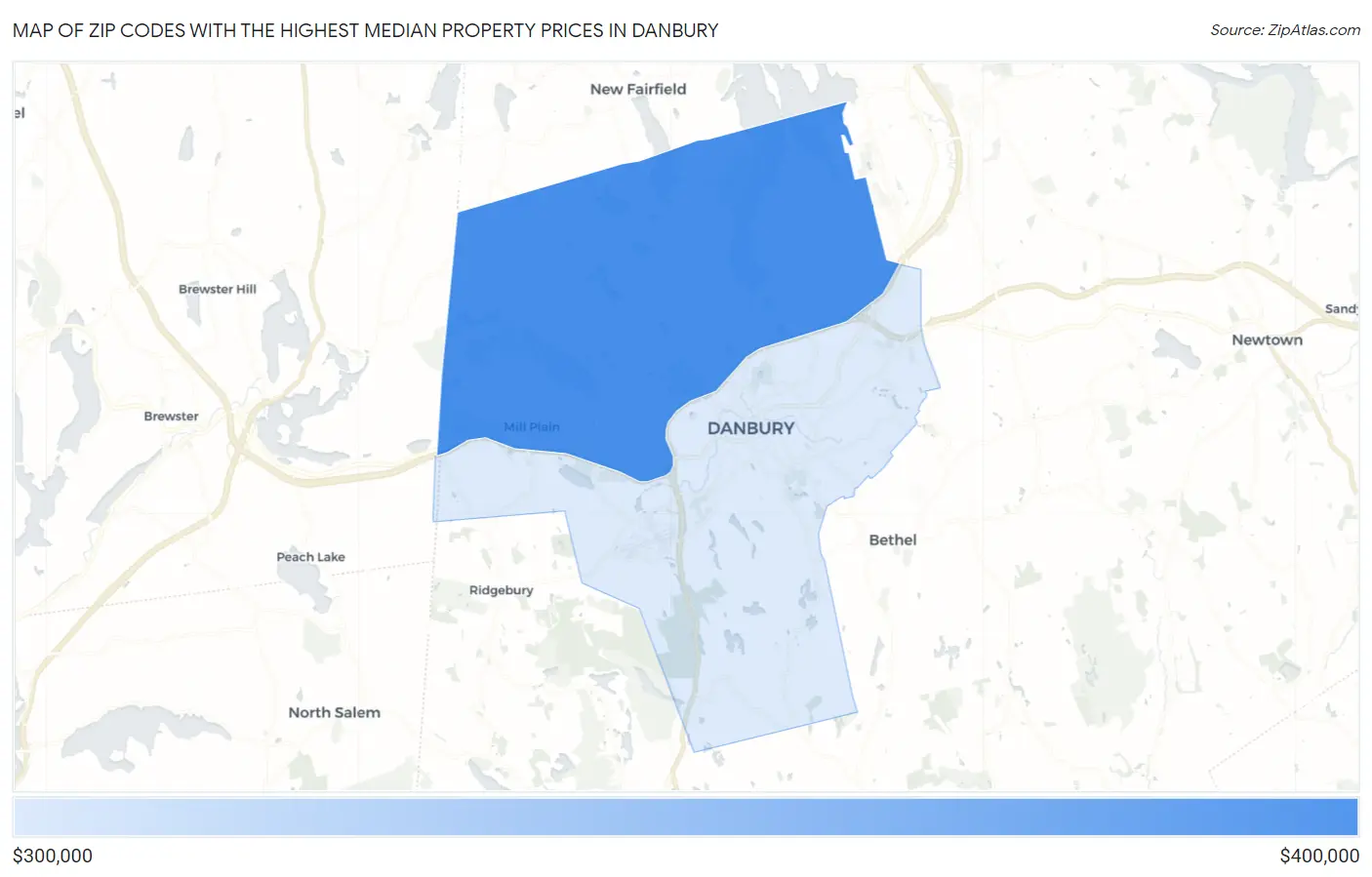 Zip Codes with the Highest Median Property Prices in Danbury Map