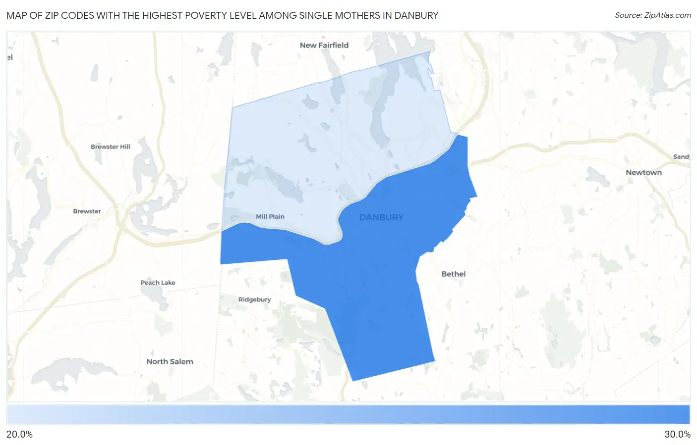 Zip Codes with the Highest Poverty Level Among Single Mothers in Danbury Map