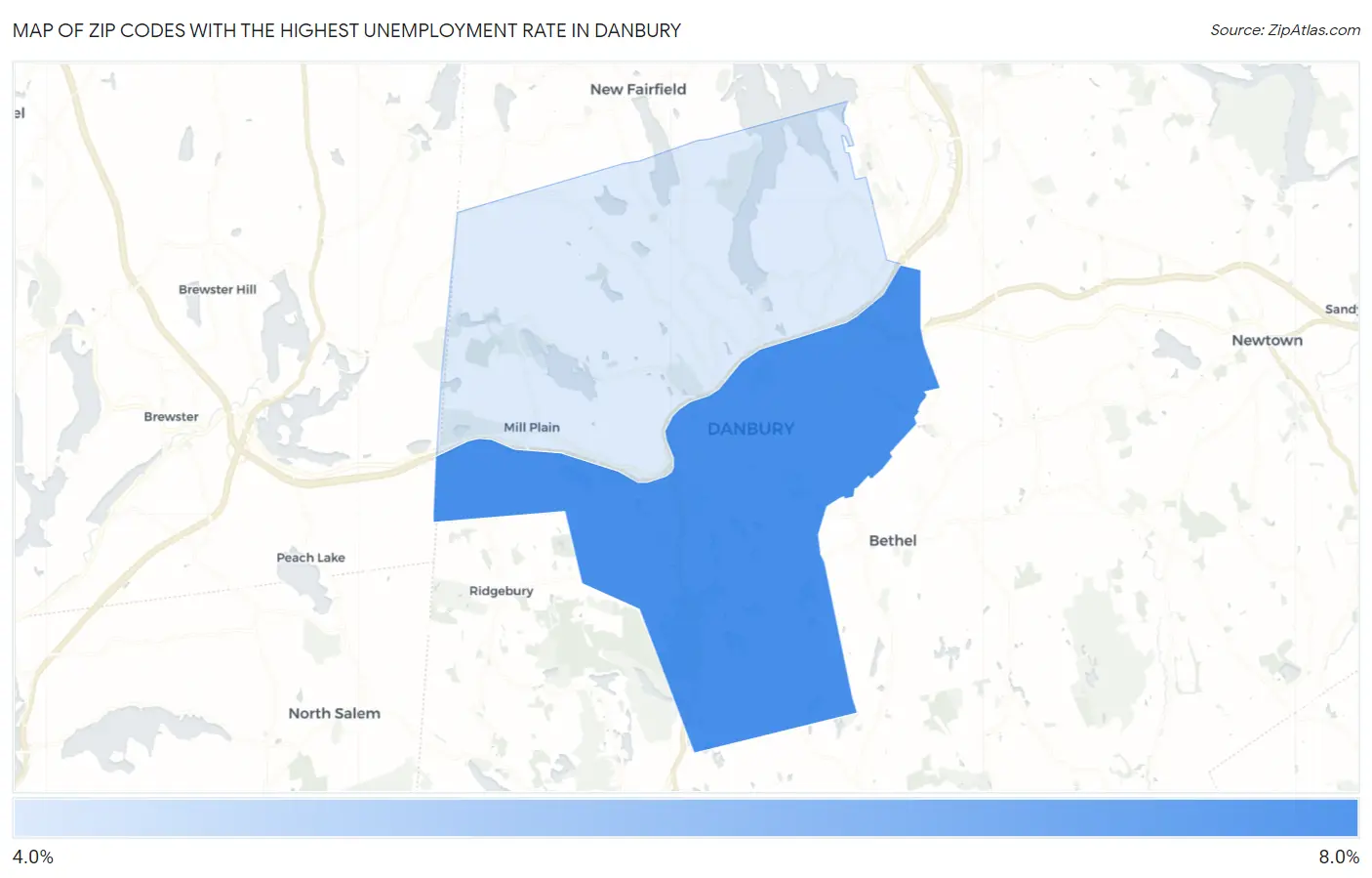 Zip Codes with the Highest Unemployment Rate in Danbury Map
