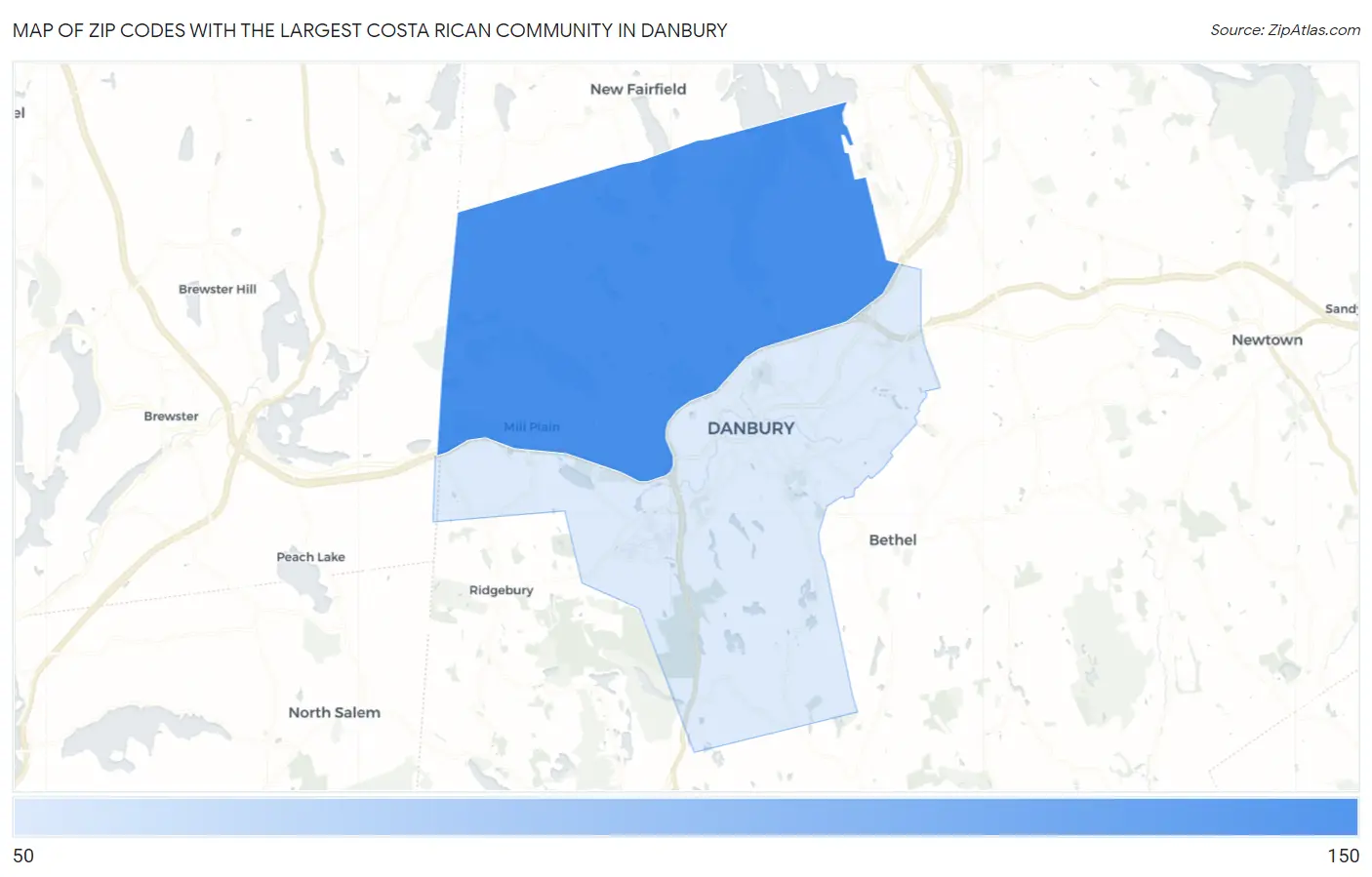 Zip Codes with the Largest Costa Rican Community in Danbury Map