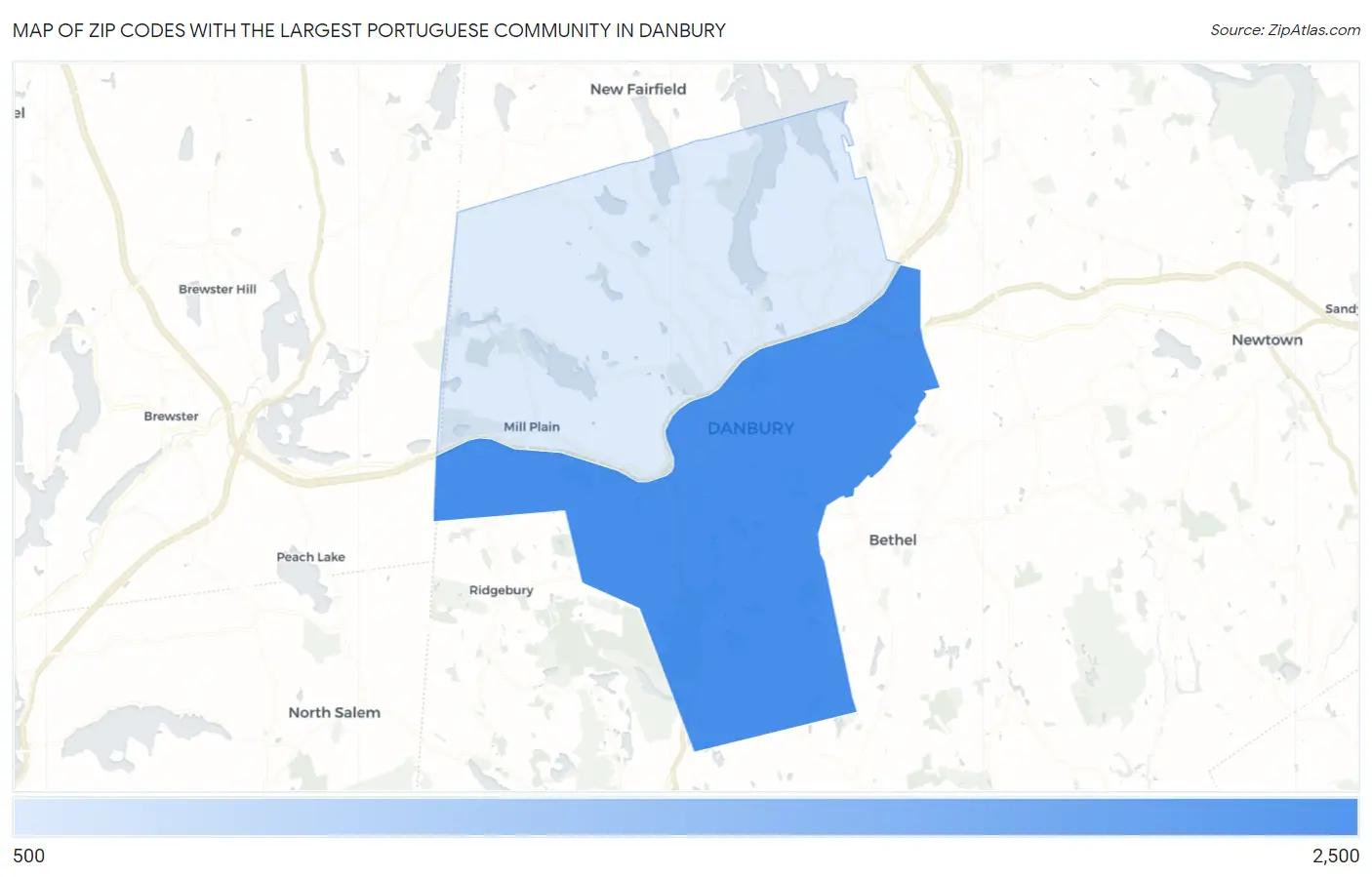 Zip Codes with the Largest Portuguese Community in Danbury Map