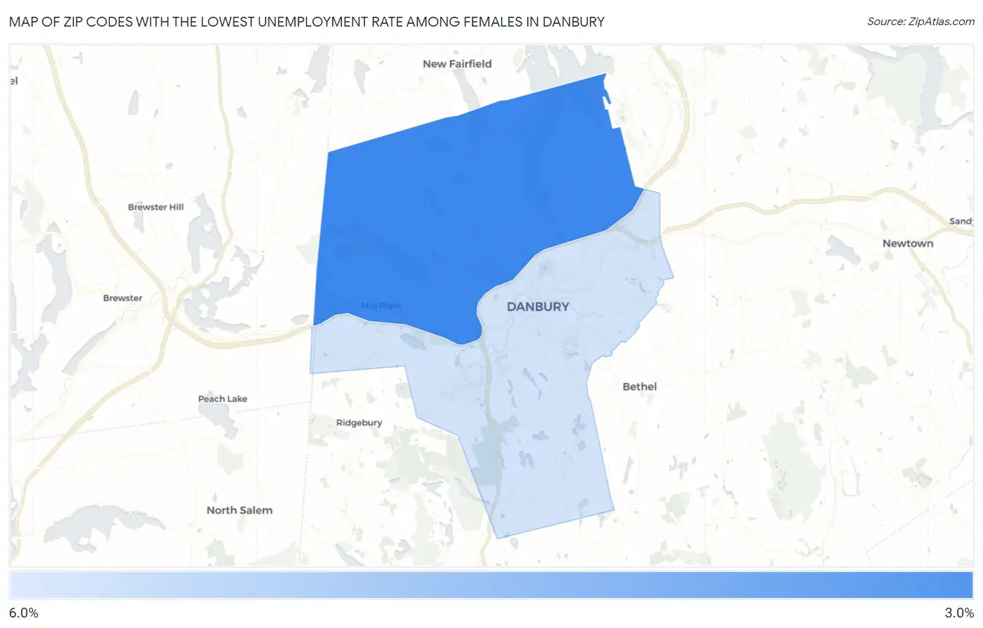 Zip Codes with the Lowest Unemployment Rate Among Females in Danbury Map