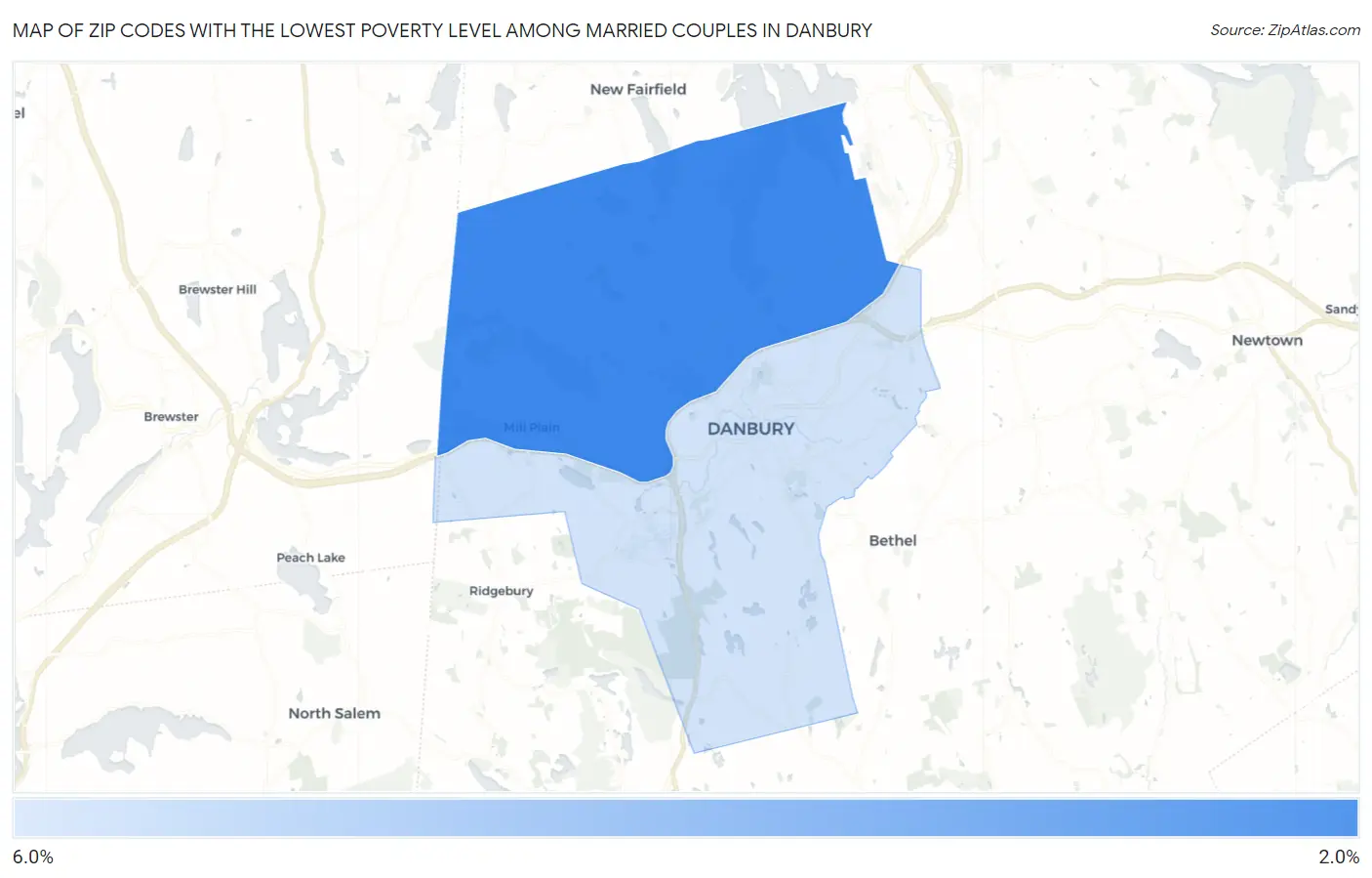 Zip Codes with the Lowest Poverty Level Among Married Couples in Danbury Map
