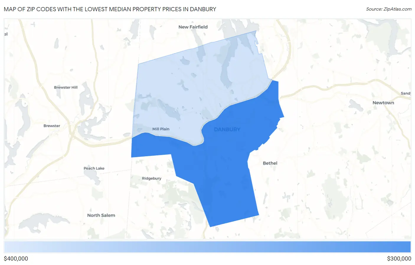 Zip Codes with the Lowest Median Property Prices in Danbury Map