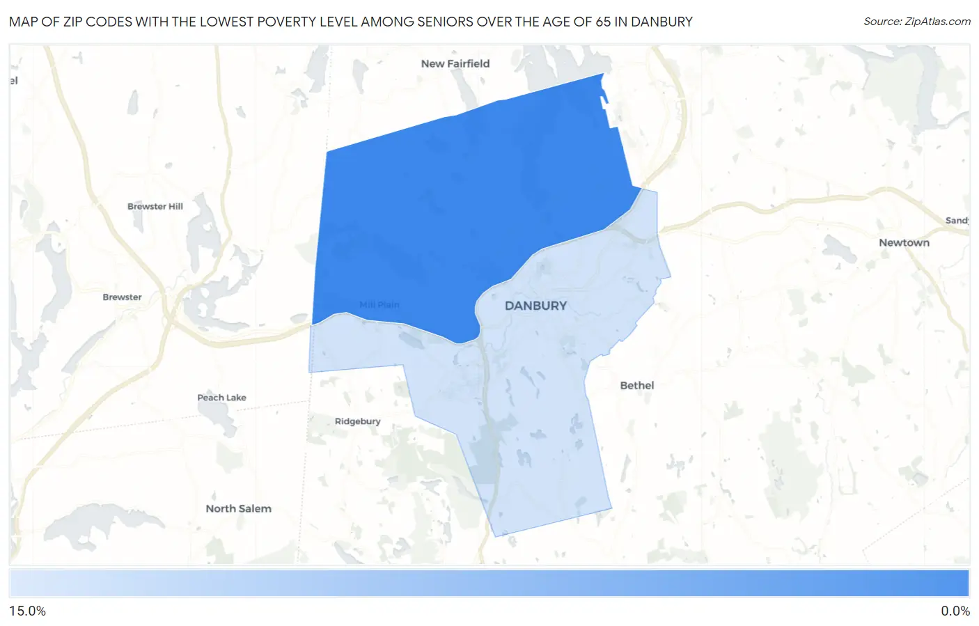 Zip Codes with the Lowest Poverty Level Among Seniors Over the Age of 65 in Danbury Map
