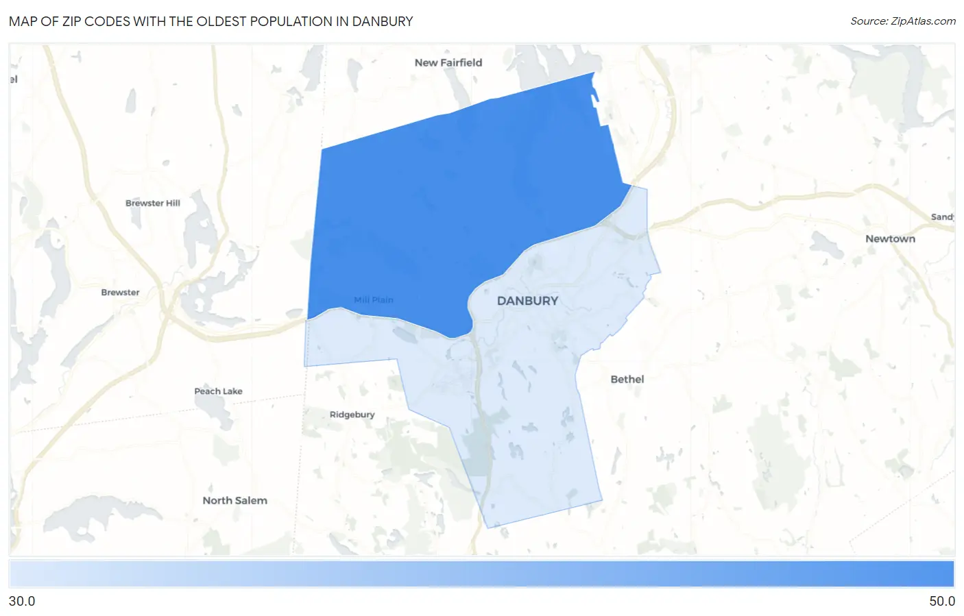 Zip Codes with the Oldest Population in Danbury Map