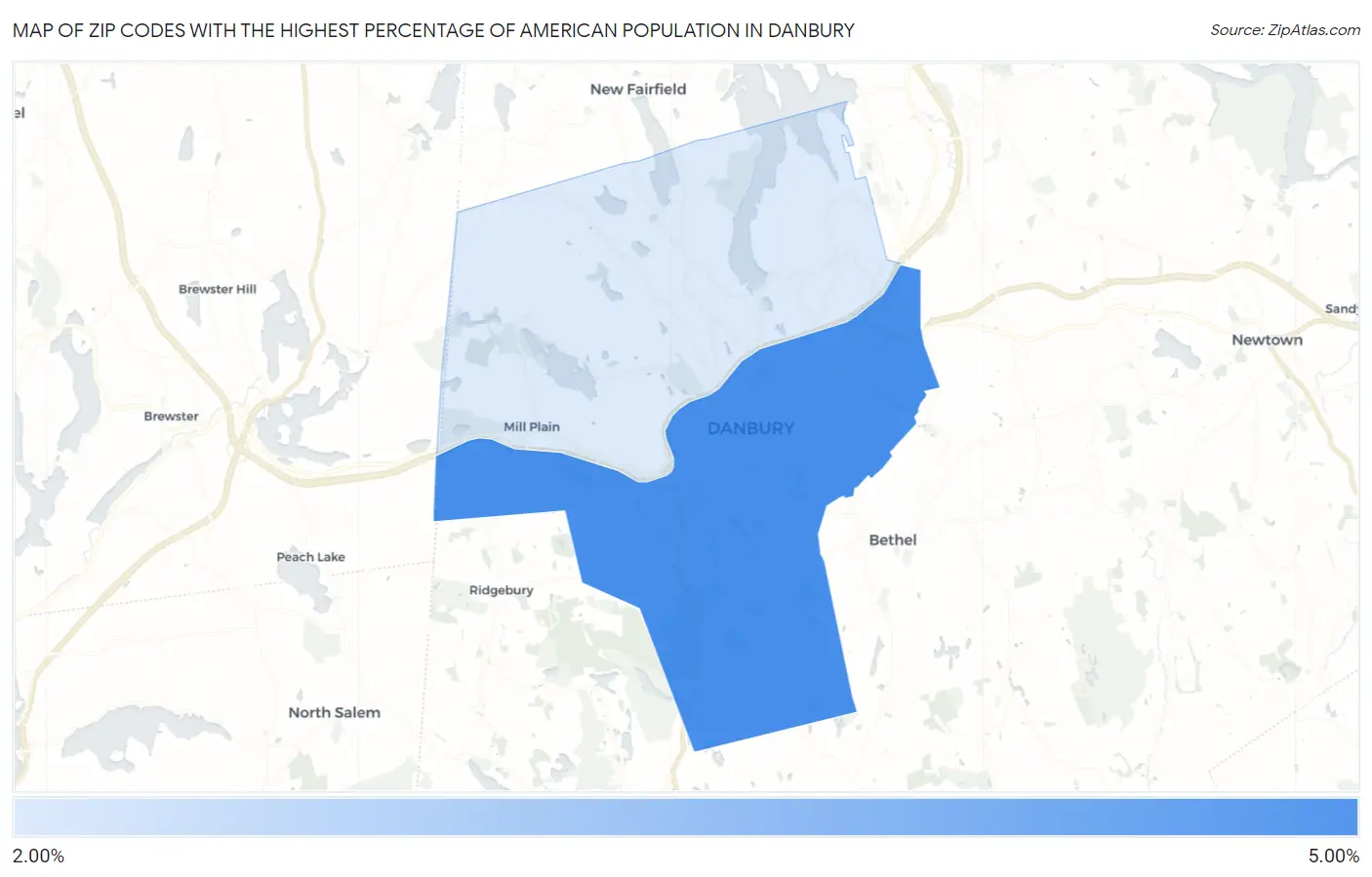 Zip Codes with the Highest Percentage of American Population in Danbury Map