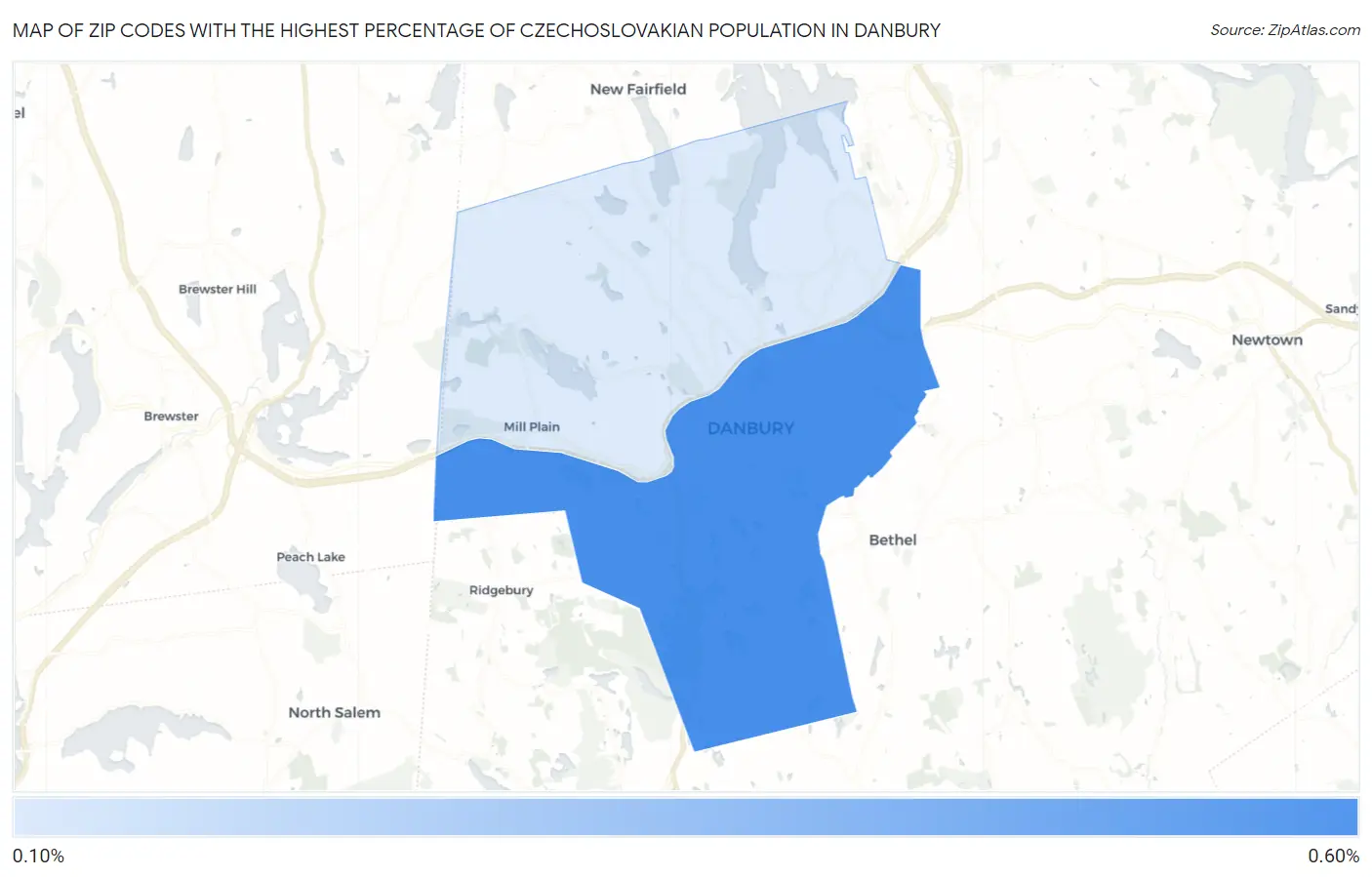 Zip Codes with the Highest Percentage of Czechoslovakian Population in Danbury Map