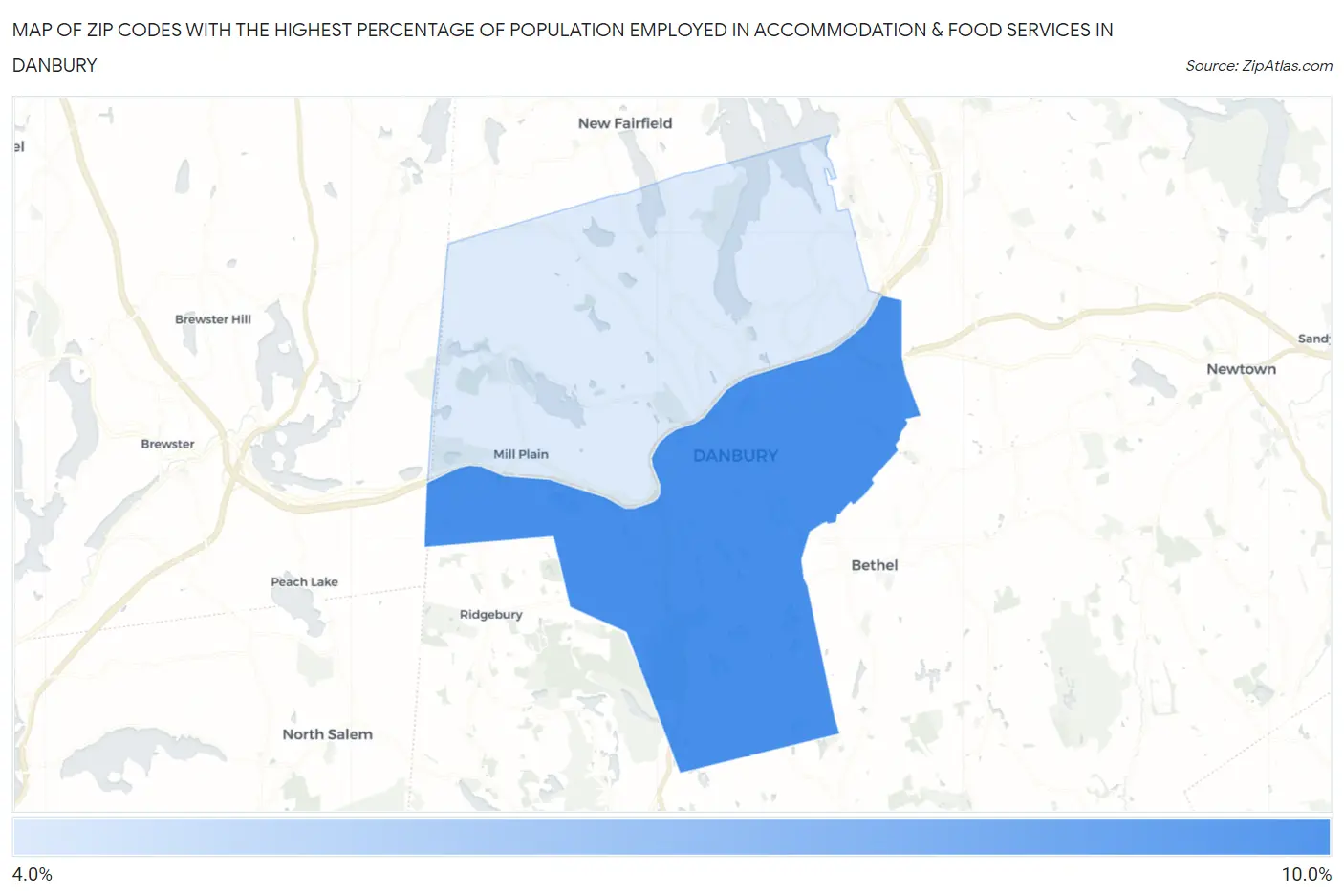 Zip Codes with the Highest Percentage of Population Employed in Accommodation & Food Services in Danbury Map