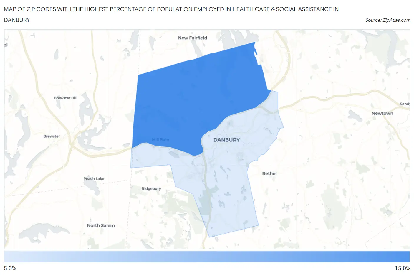 Zip Codes with the Highest Percentage of Population Employed in Health Care & Social Assistance in Danbury Map