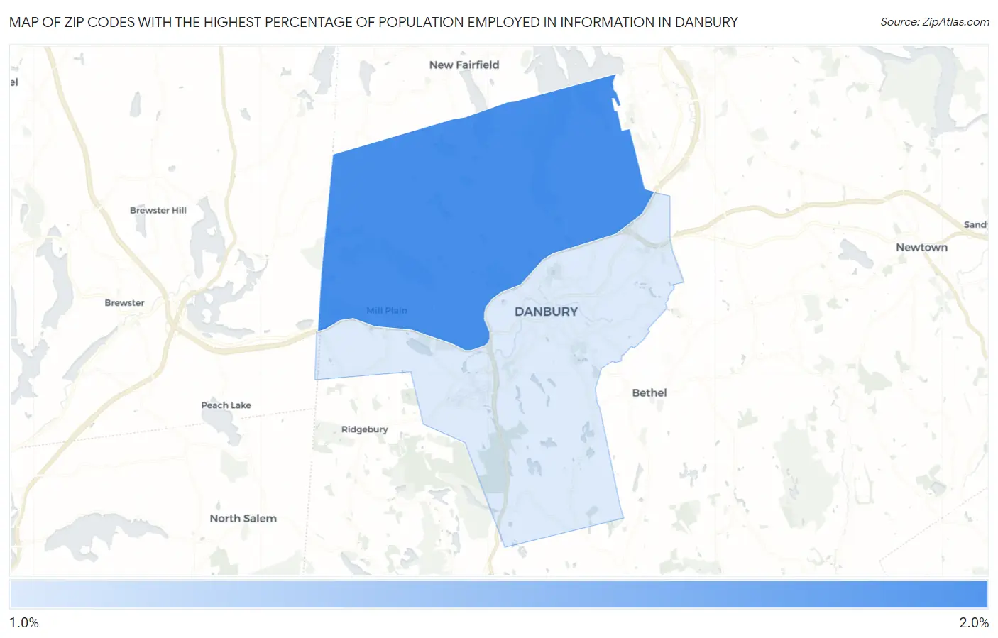 Zip Codes with the Highest Percentage of Population Employed in Information in Danbury Map