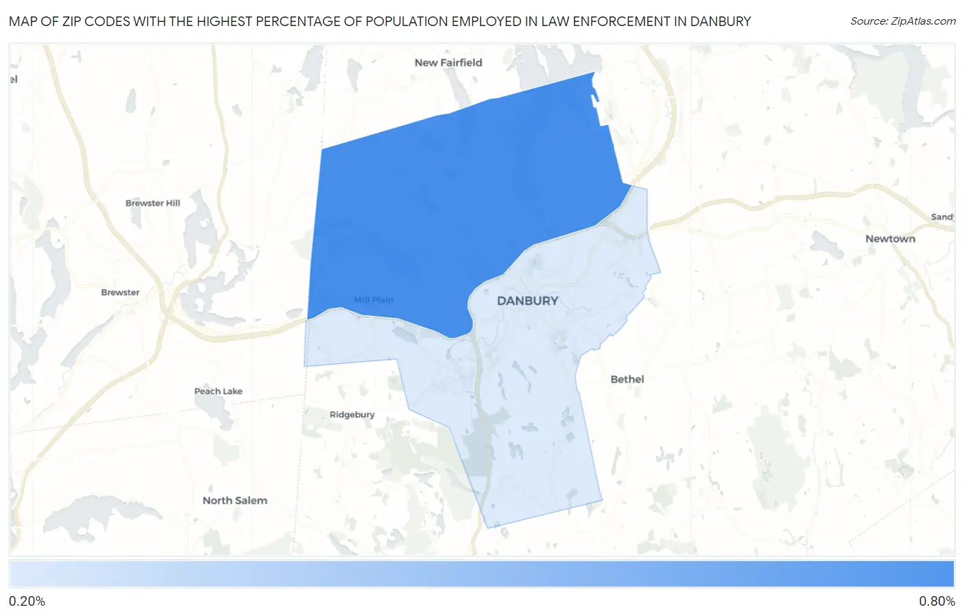 Zip Codes with the Highest Percentage of Population Employed in Law Enforcement in Danbury Map