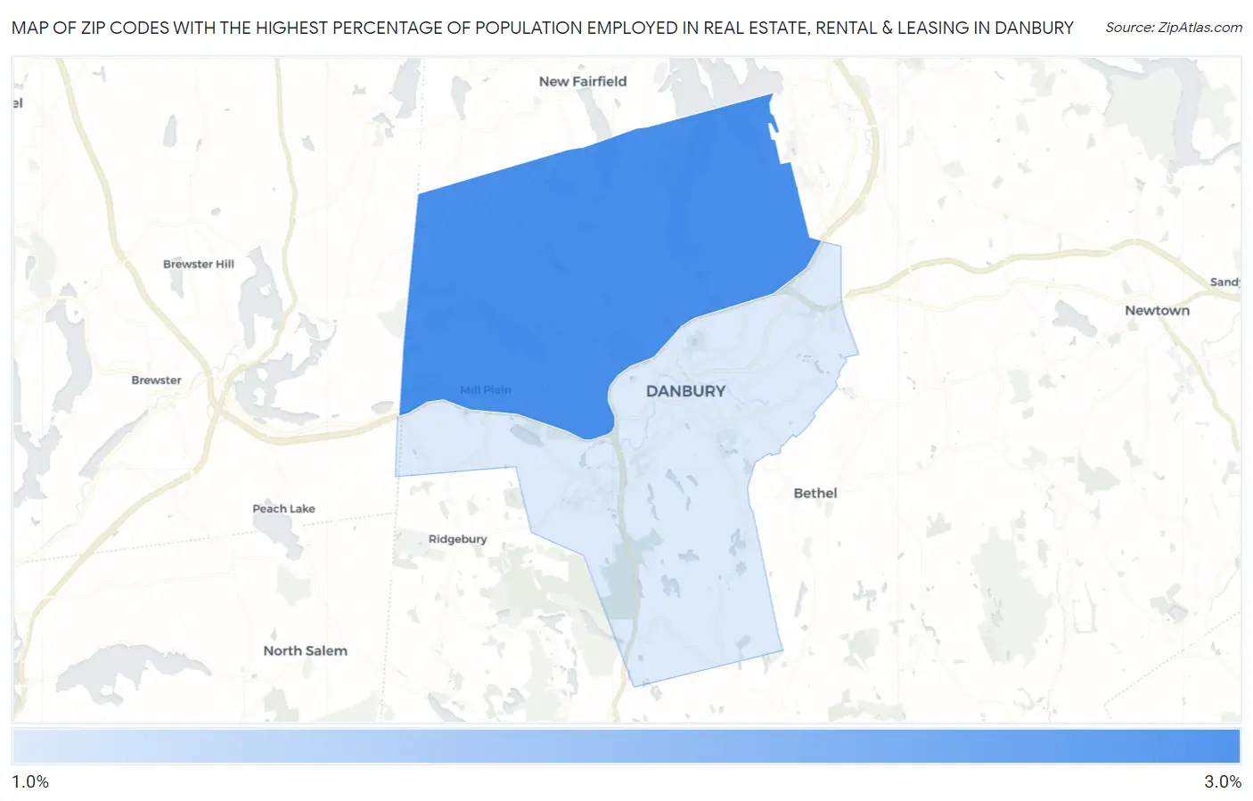 Zip Codes with the Highest Percentage of Population Employed in Real Estate, Rental & Leasing in Danbury Map