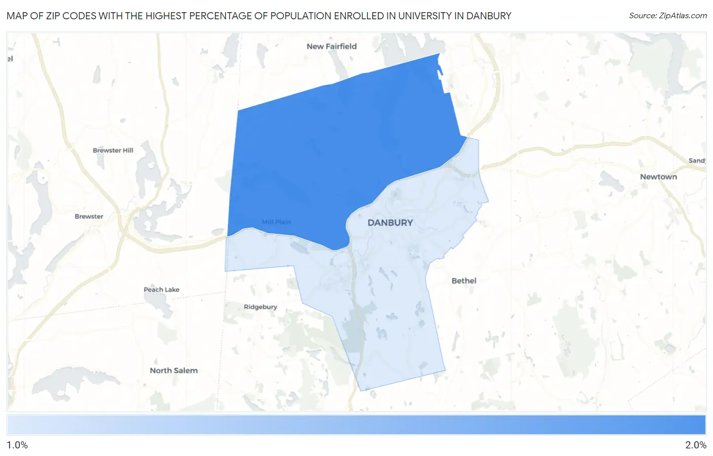 Zip Codes with the Highest Percentage of Population Enrolled in University in Danbury Map