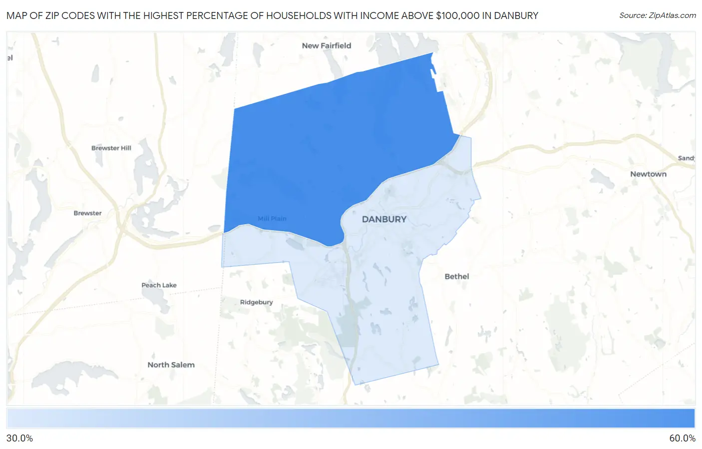 Zip Codes with the Highest Percentage of Households with Income Above $100,000 in Danbury Map
