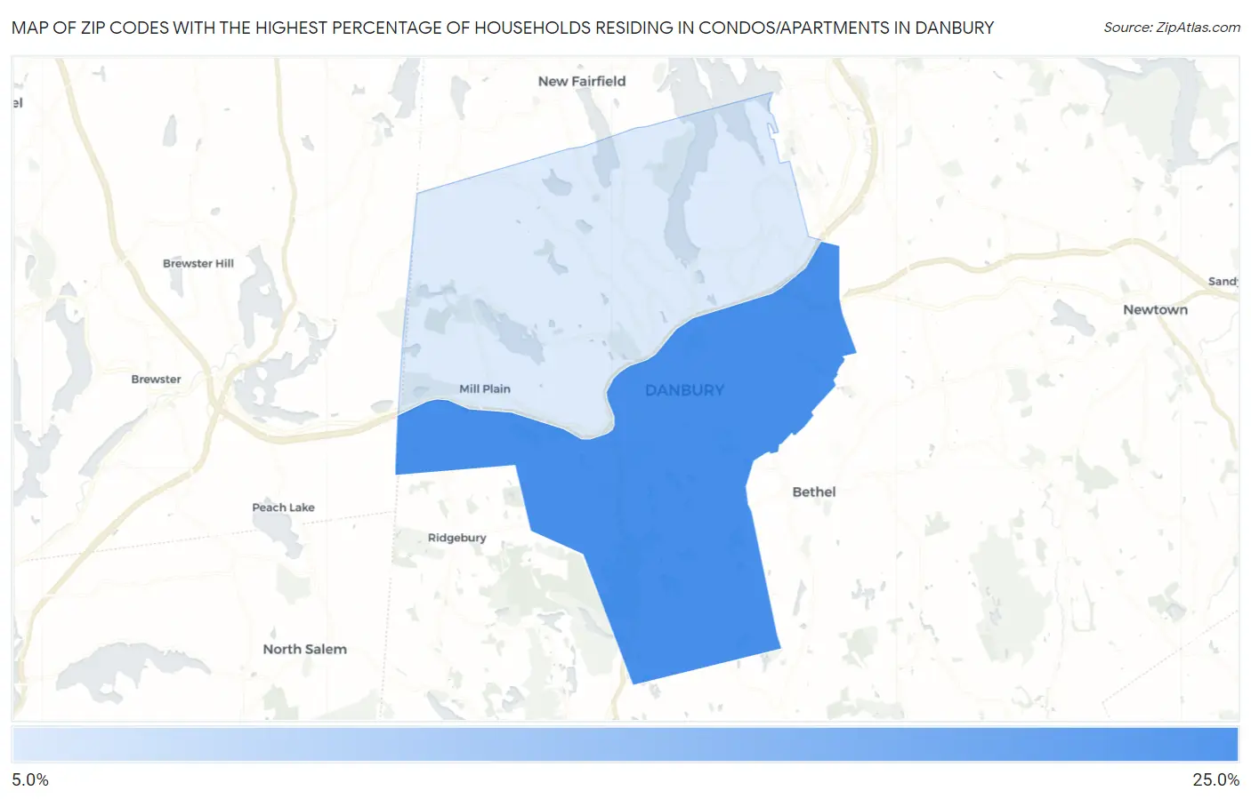 Zip Codes with the Highest Percentage of Households Residing in Condos/Apartments in Danbury Map