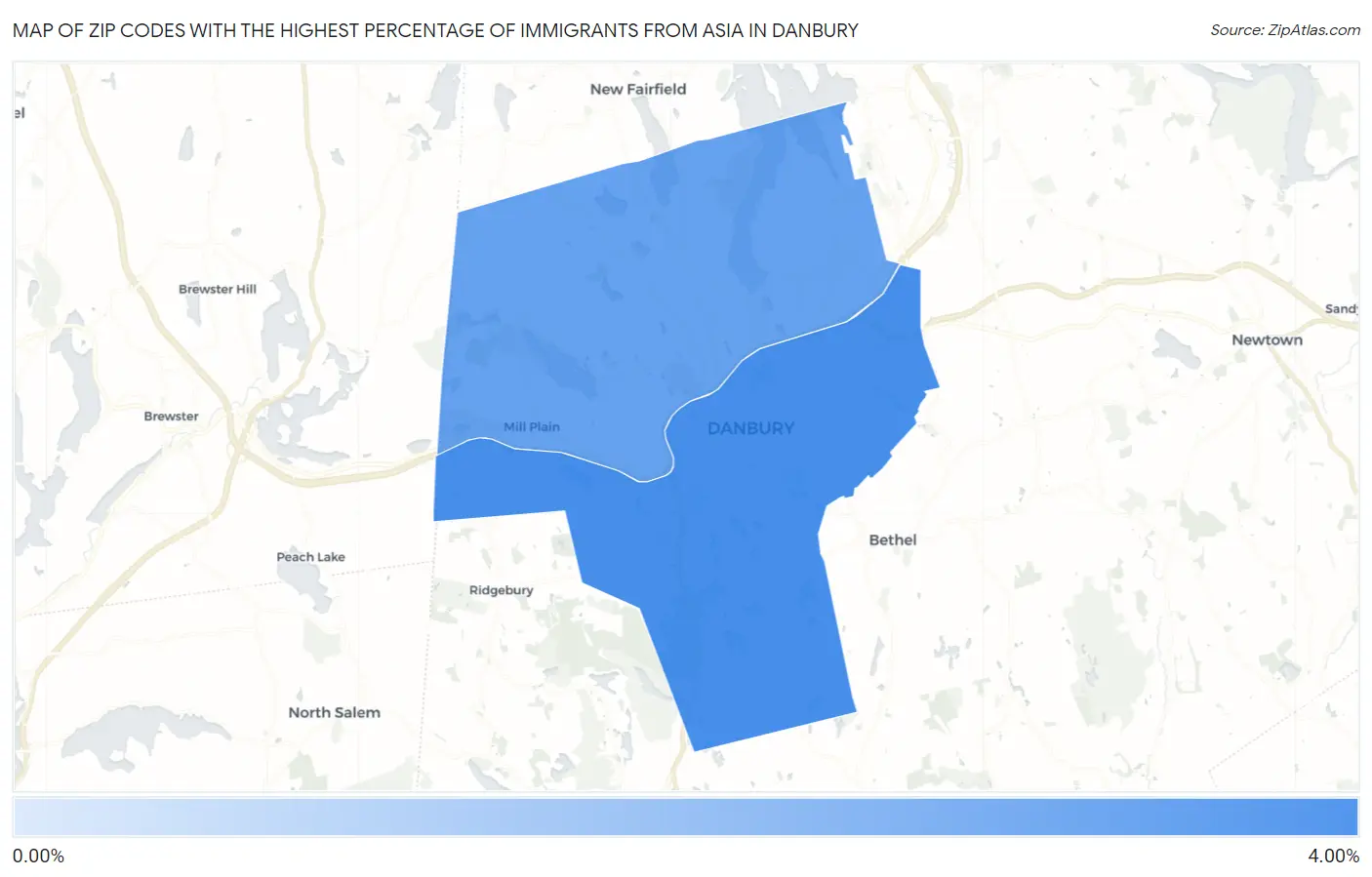 Zip Codes with the Highest Percentage of Immigrants from Asia in Danbury Map