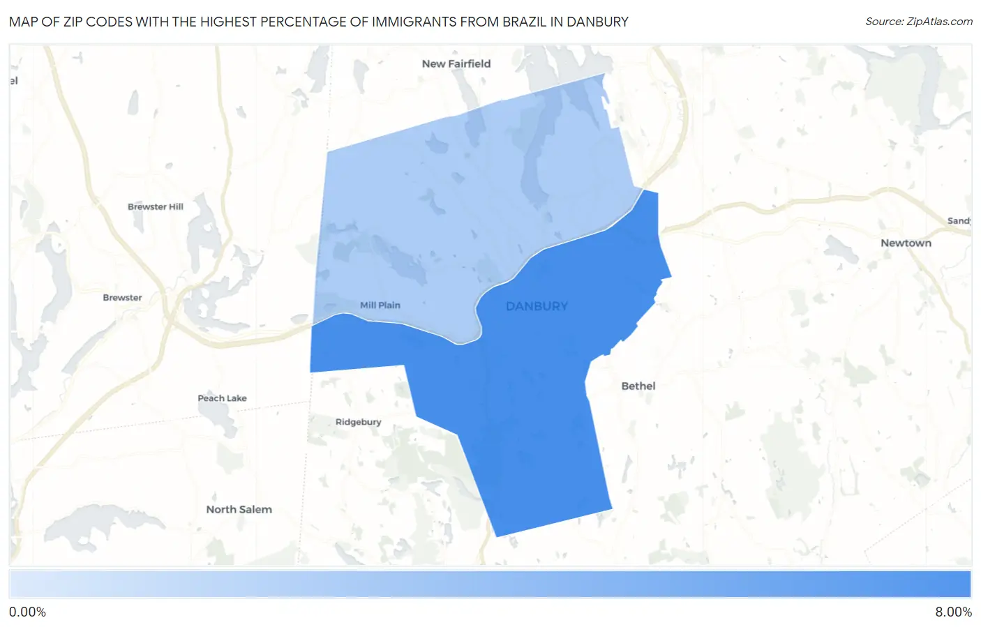 Zip Codes with the Highest Percentage of Immigrants from Brazil in Danbury Map