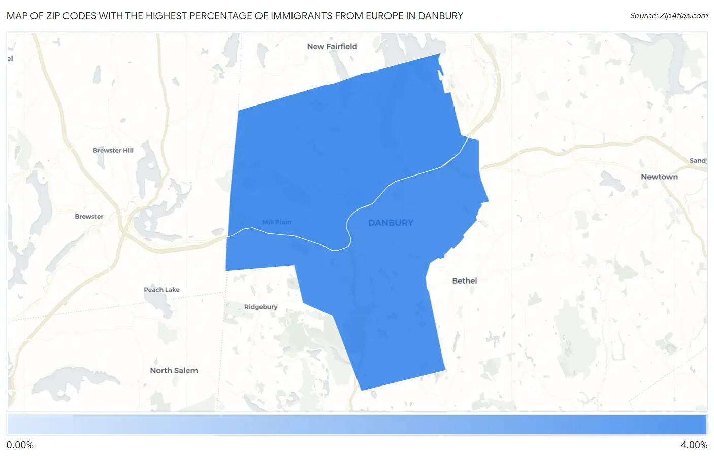 Zip Codes with the Highest Percentage of Immigrants from Europe in Danbury Map