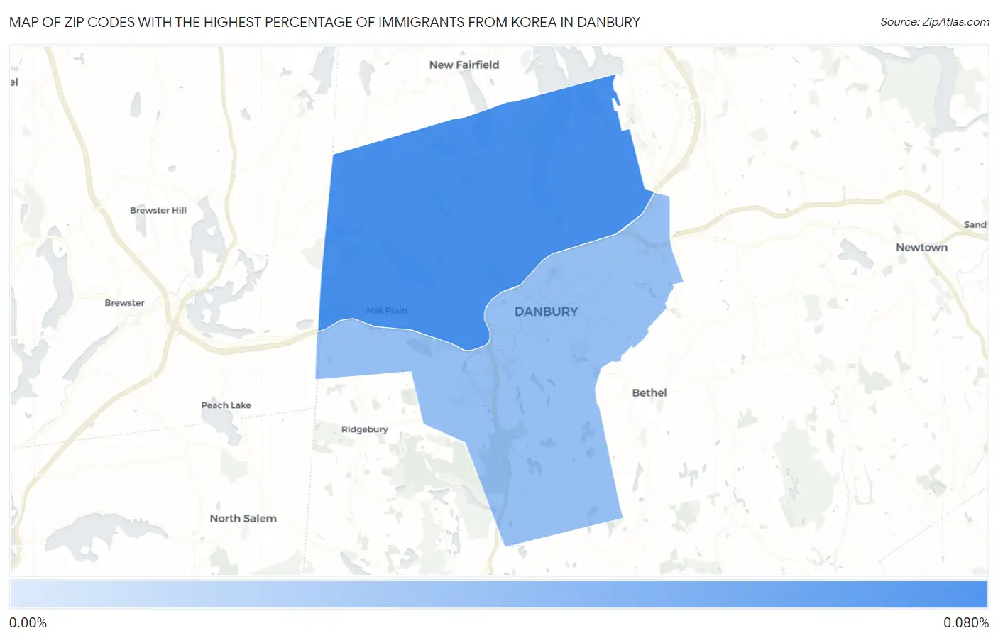 Zip Codes with the Highest Percentage of Immigrants from Korea in Danbury Map