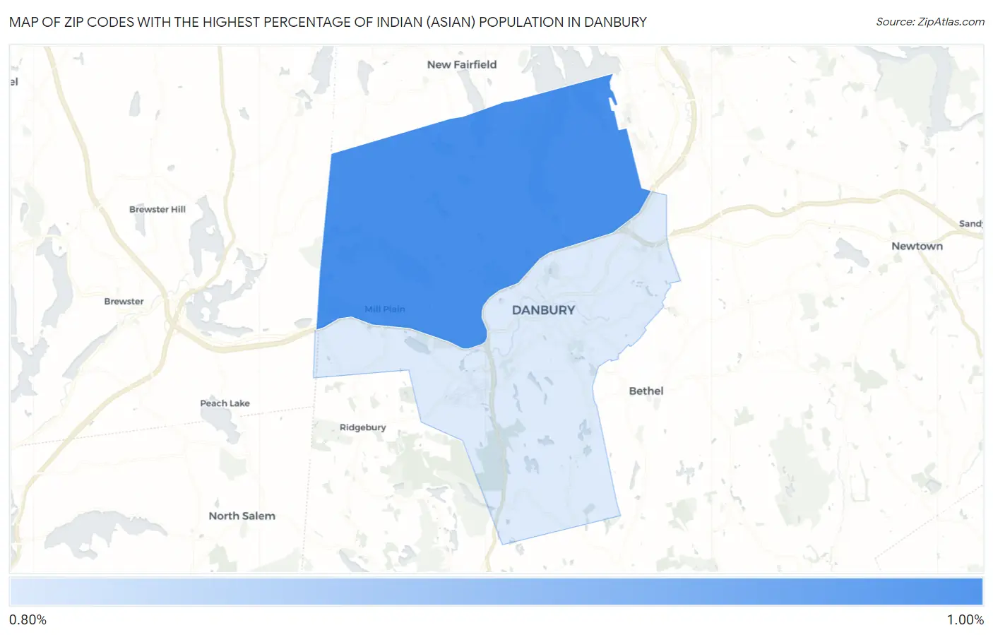 Zip Codes with the Highest Percentage of Indian (Asian) Population in Danbury Map