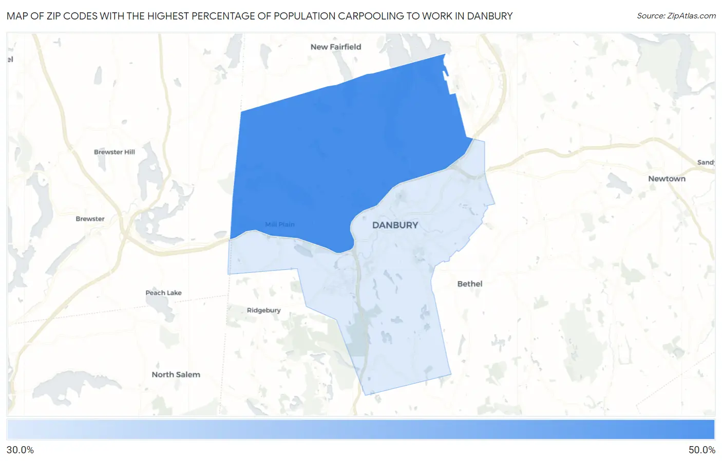 Zip Codes with the Highest Percentage of Population Carpooling to Work in Danbury Map